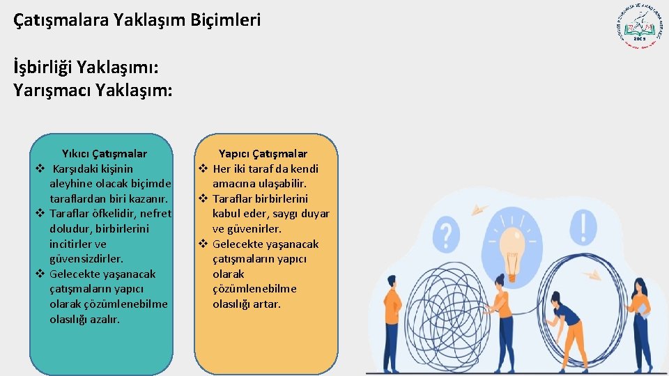 Çatışmalara Yaklaşım Biçimleri İşbirliği Yaklaşımı: Yarışmacı Yaklaşım: Yıkıcı Çatışmalar v Karşıdaki kişinin aleyhine olacak