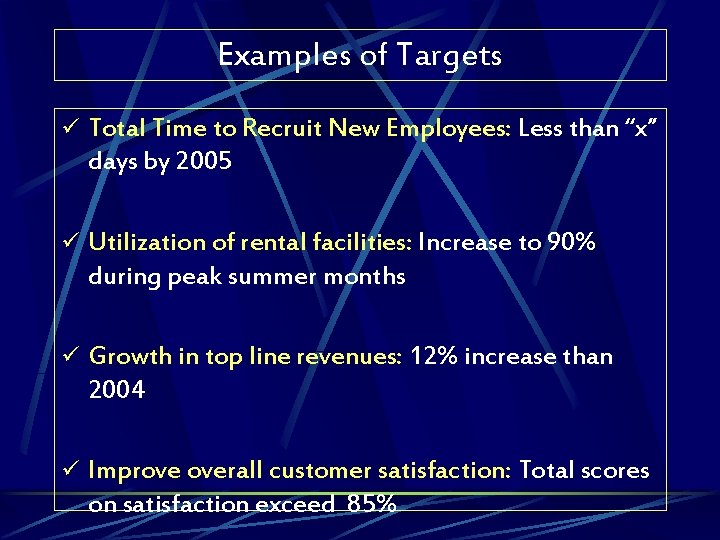 Examples of Targets ü Total Time to Recruit New Employees: Less than “x” days
