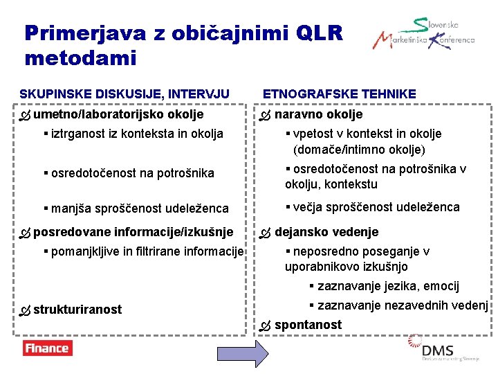 Primerjava z običajnimi QLR metodami SKUPINSKE DISKUSIJE, INTERVJU Ò umetno/laboratorijsko okolje ETNOGRAFSKE TEHNIKE Ò