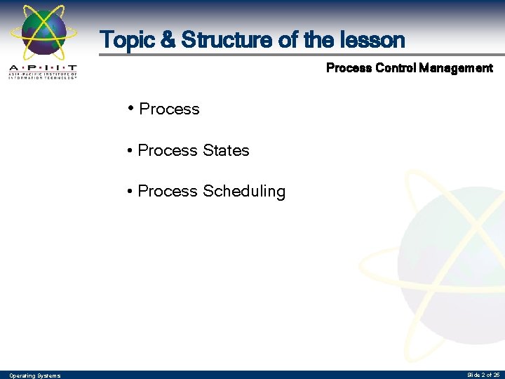 Topic & Structure of the lesson Process Control Management • Process States • Process