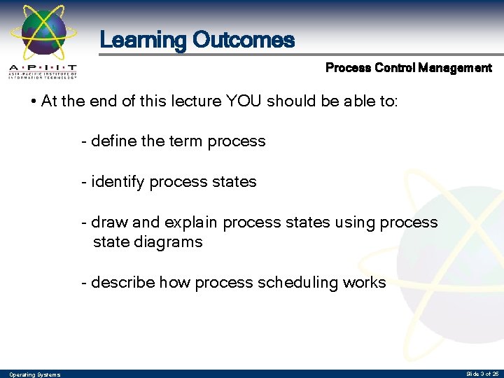 Learning Outcomes Process Control Management • At the end of this lecture YOU should