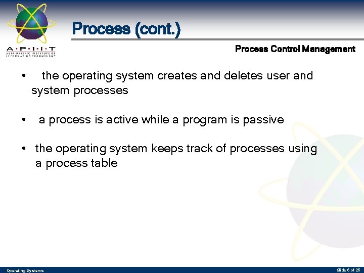 Process (cont. ) Process Control Management • • the operating system creates and deletes