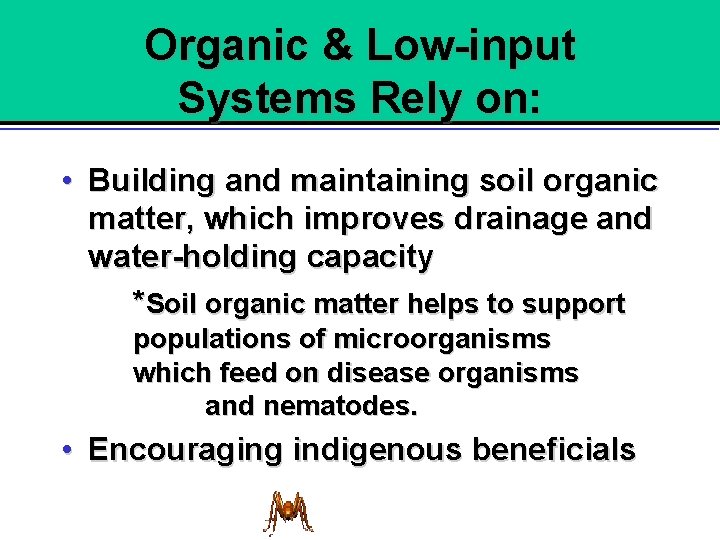 Organic & Low-input Systems Rely on: • Building and maintaining soil organic matter, which