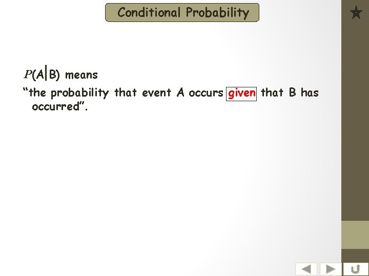 Conditional Probability P(A B) means “the probability that event A occurs given that B