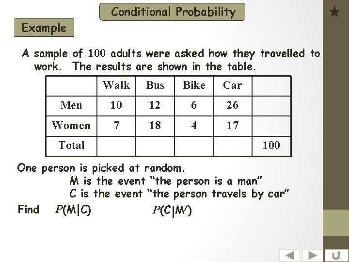 Example Conditional Probability A sample of 100 adults were asked how they travelled to