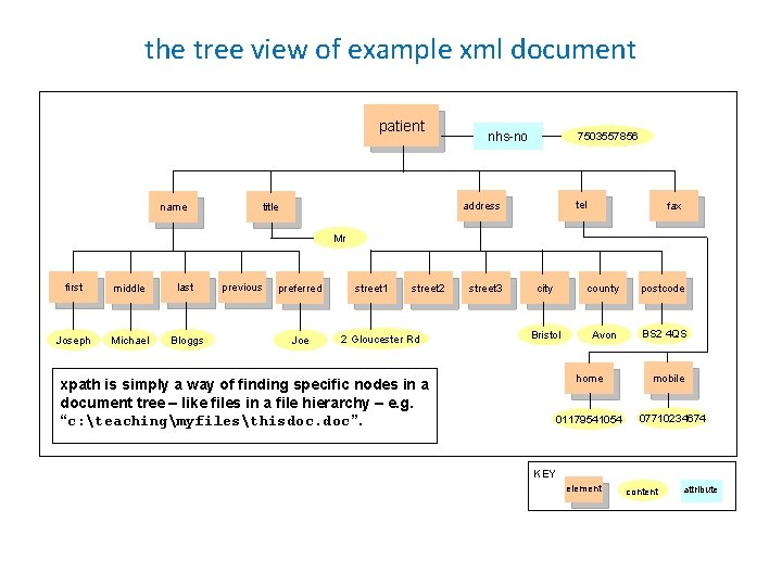 the tree view of example xml document patient name nhs-no 7503557856 tel address title