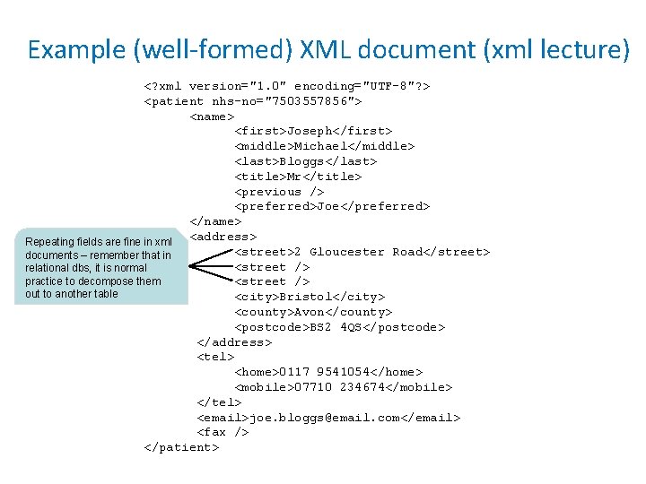 Example (well-formed) XML document (xml lecture) <? xml version="1. 0" encoding="UTF-8"? > <patient nhs-no="7503557856">