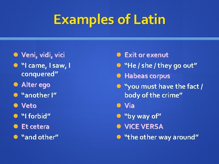 Examples of Latin Veni, vidi, vici Exit or exenut “I came, I saw, I