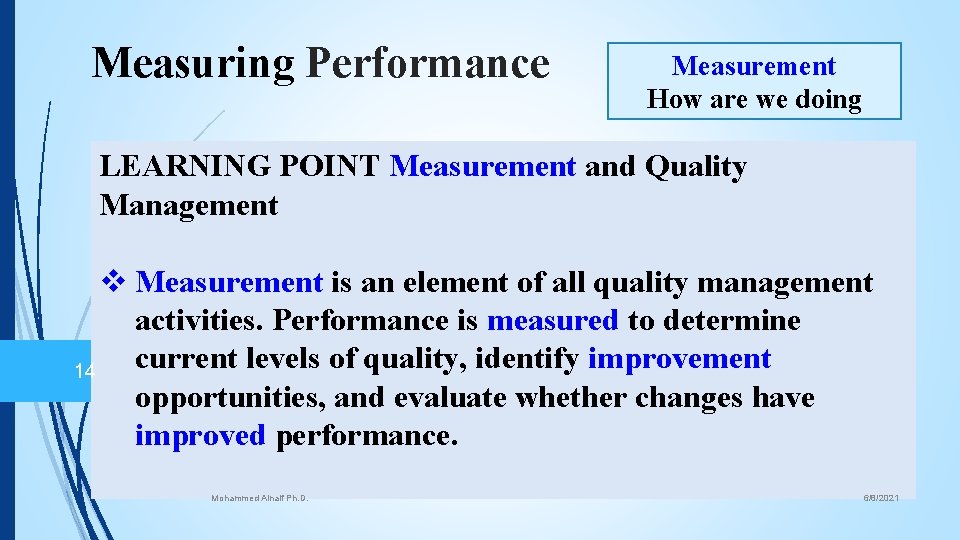 Measuring Performance Measurement How are we doing LEARNING POINT Measurement and Quality Management v