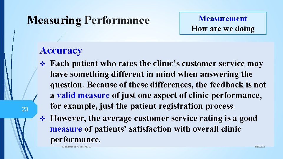 Measuring Performance Measurement How are we doing Accuracy Each patient who rates the clinic’s