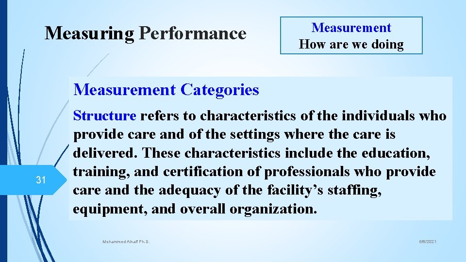 Measuring Performance Measurement How are we doing Measurement Categories 31 Structure refers to characteristics