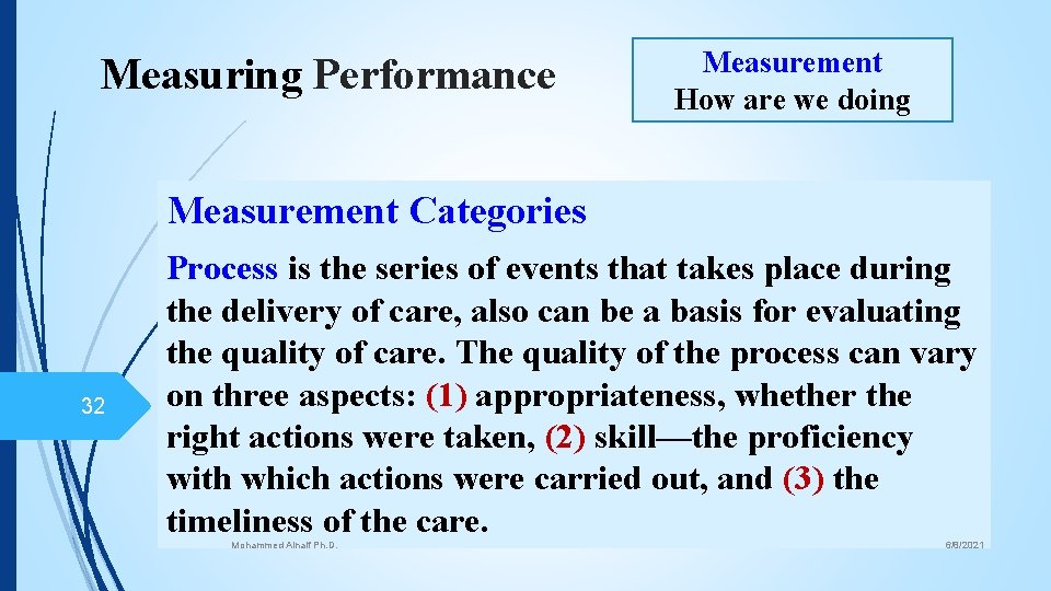 Measuring Performance Measurement How are we doing Measurement Categories 32 Process is the series