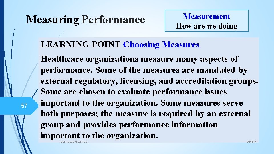 Measuring Performance Measurement How are we doing LEARNING POINT Choosing Measures 57 Healthcare organizations