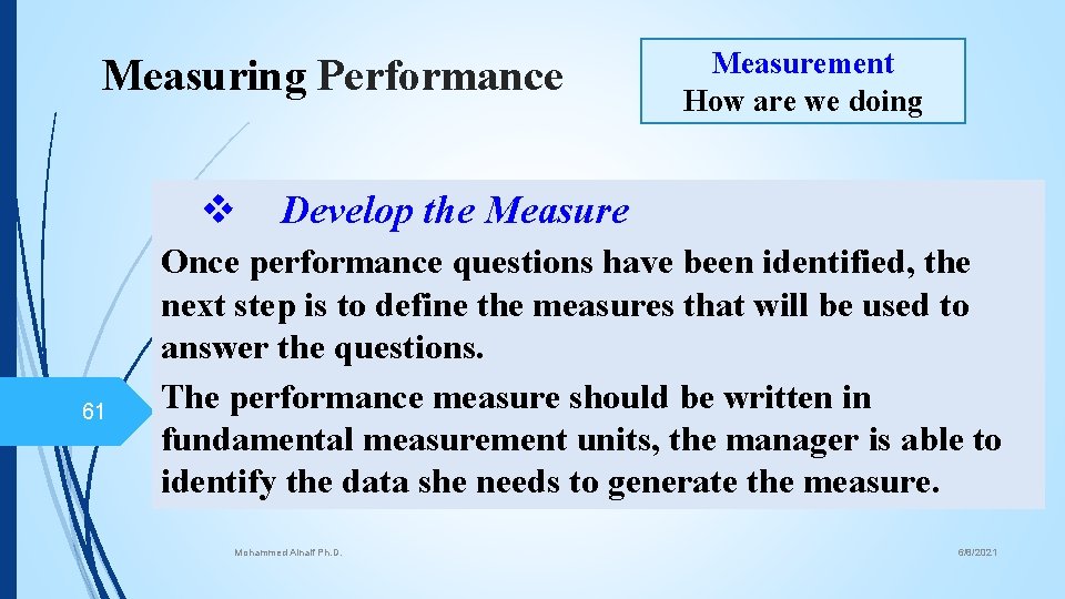 Measuring Performance v 61 Measurement How are we doing Develop the Measure Once performance
