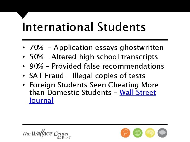International Students • • • 70% - Application essays ghostwritten 50% - Altered high