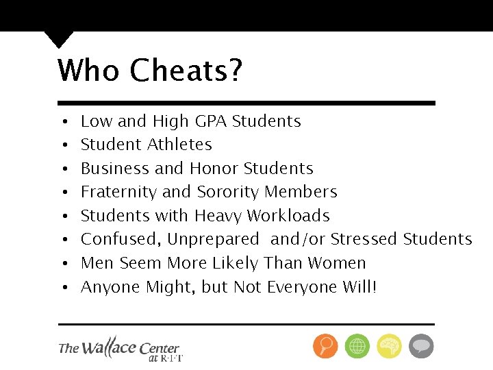 Who Cheats? • • Low and High GPA Students Student Athletes Business and Honor