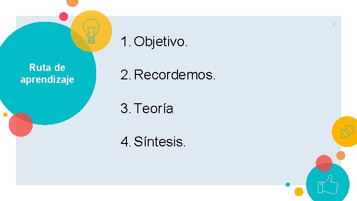 3 1. Objetivo. Ruta de aprendizaje 2. Recordemos. 3. Teoría 4. Síntesis. 