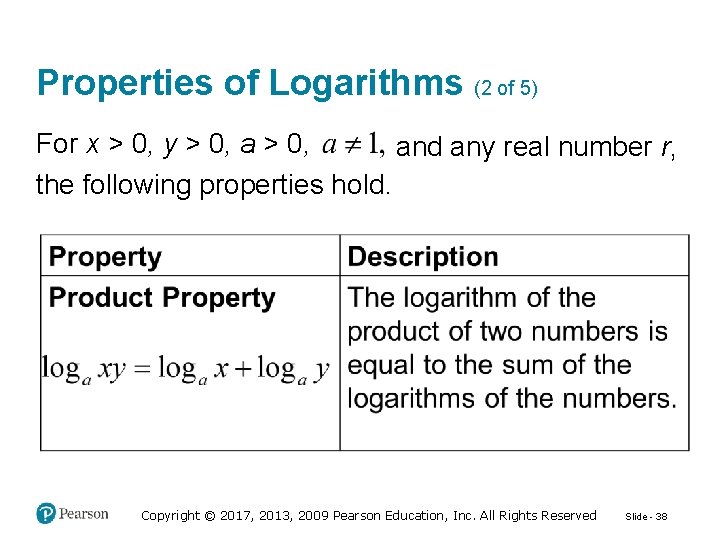 Properties of Logarithms (2 of 5) For x > 0, y > 0, and