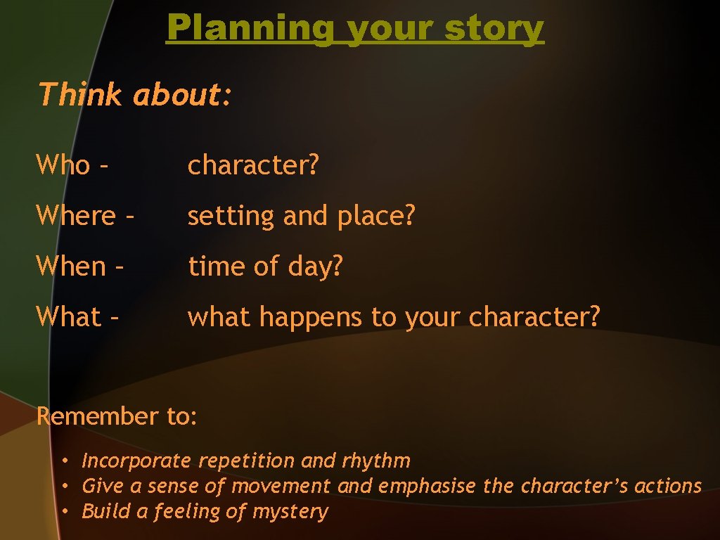 Planning your story Think about: Who – character? Where – setting and place? When