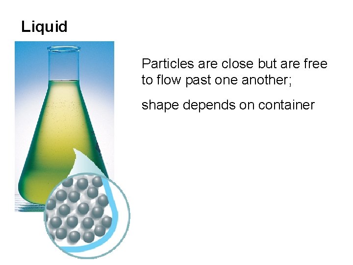 Liquid Particles are close but are free to flow past one another; shape depends