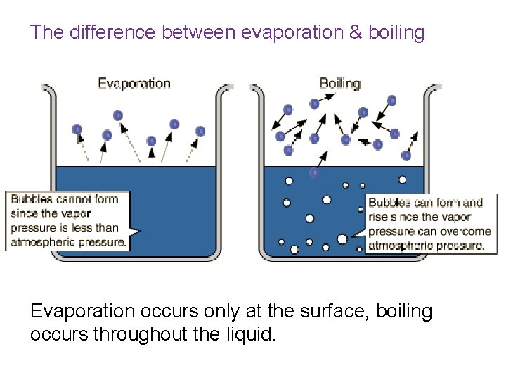 The difference between evaporation & boiling Evaporation occurs only at the surface, boiling occurs