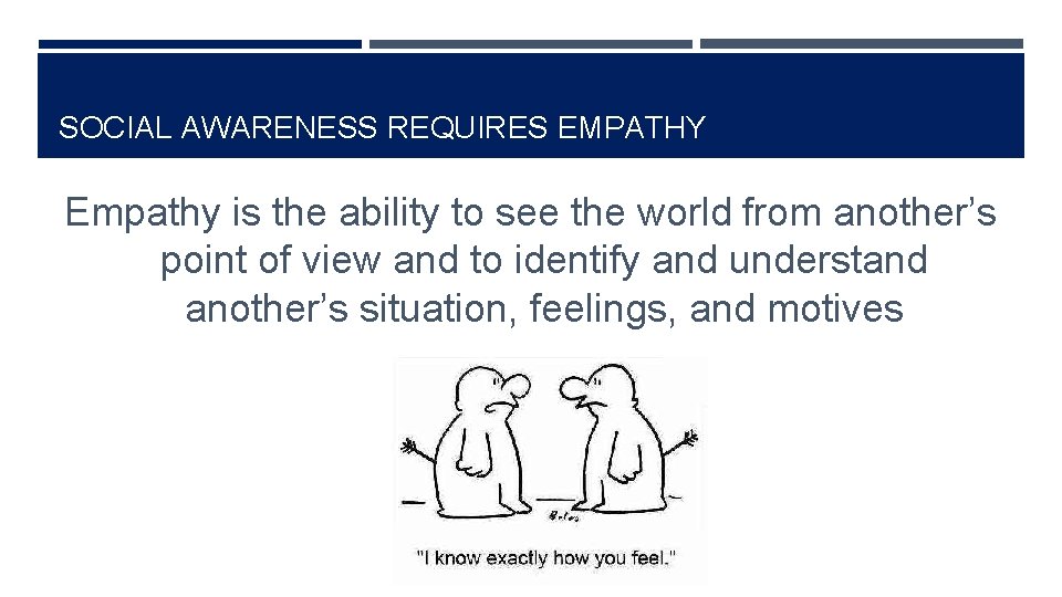 SOCIAL AWARENESS REQUIRES EMPATHY Empathy is the ability to see the world from another’s