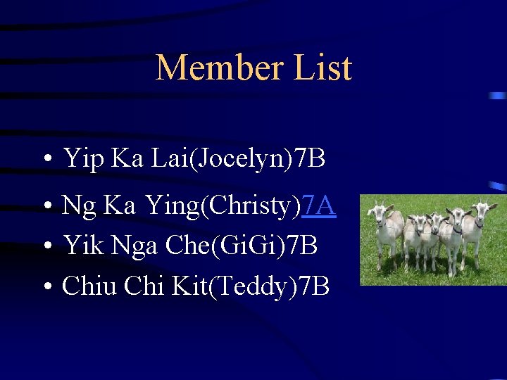 Member List • Yip Ka Lai(Jocelyn)7 B • Ng Ka Ying(Christy)7 A • Yik