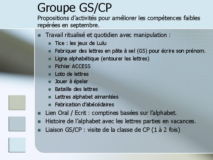 Groupe GS/CP Propositions d’activités pour améliorer les compétences faibles repérées en septembre. n Travail