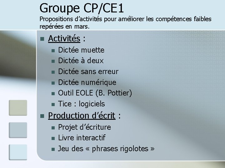 Groupe CP/CE 1 Propositions d’activités pour améliorer les compétences faibles repérées en mars. n