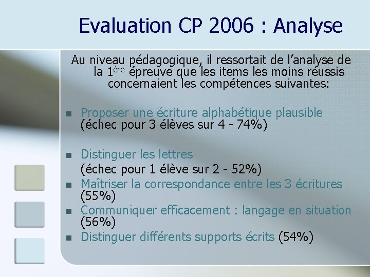 Evaluation CP 2006 : Analyse Au niveau pédagogique, il ressortait de l’analyse de la