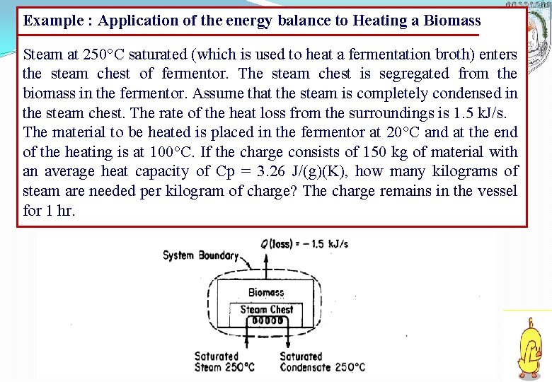 Example : Application of the energy balance to Heating a Biomass Steam at 250°C Example : Application of the energy balance to Heating a Biomass Steam at 250°C