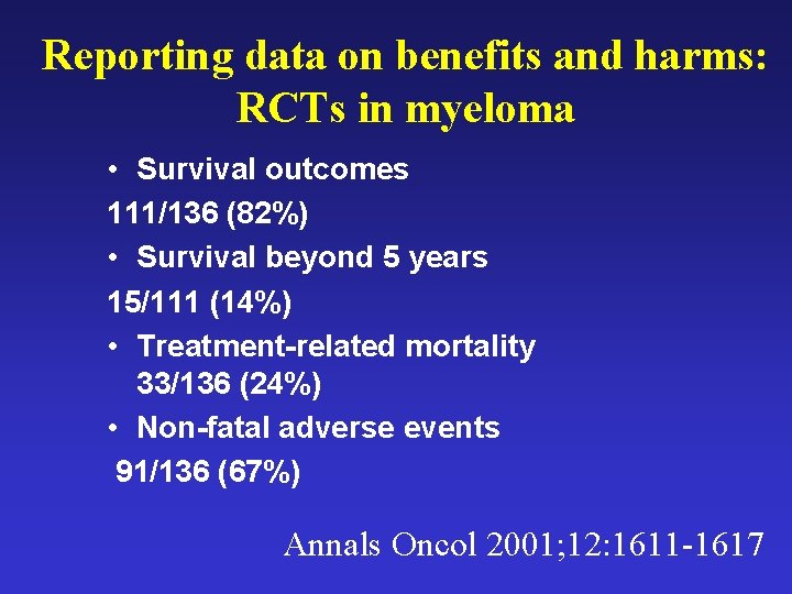 Reporting data on benefits and harms: RCTs in myeloma • Survival outcomes 111/136 (82%)