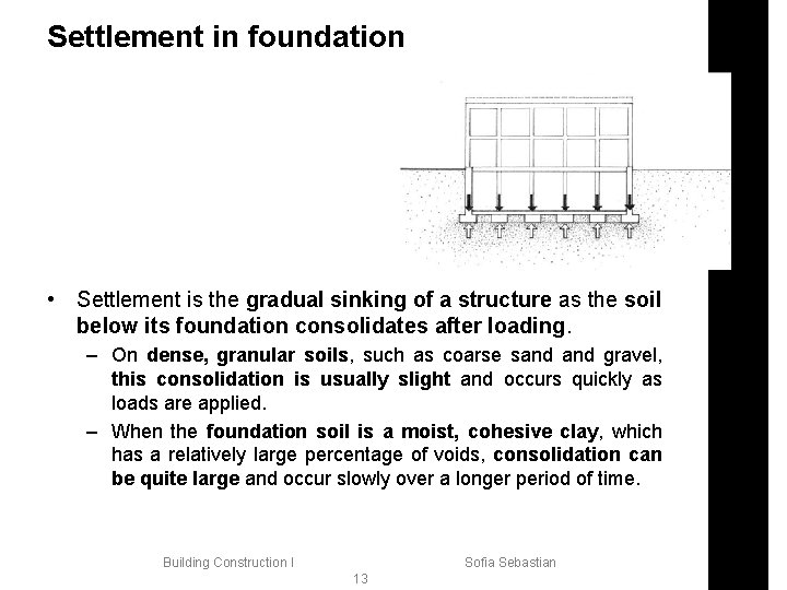Settlement in foundation • Settlement is the gradual sinking of a structure as the
