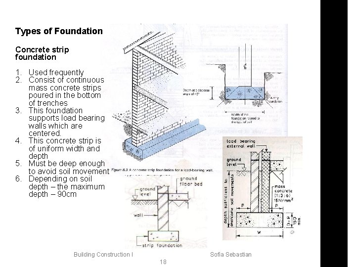 Types of Foundation Concrete strip foundation 1. Used frequently 2. Consist of continuous mass
