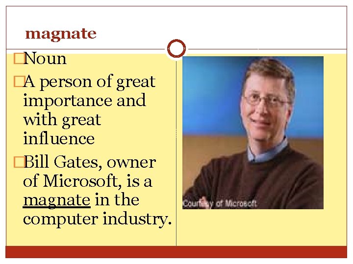 magnate �Noun �A person of great importance and with great influence �Bill Gates, owner