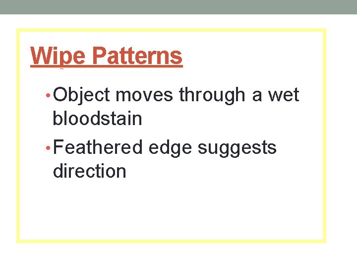 Wipe Patterns • Object moves through a wet bloodstain • Feathered edge suggests direction
