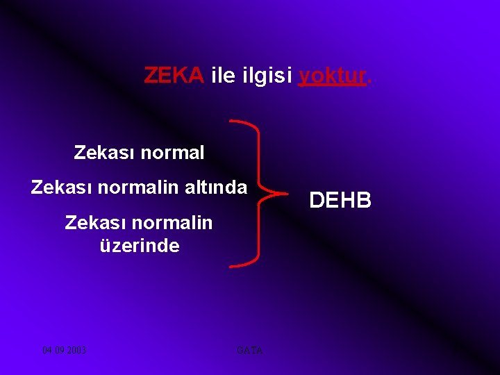 ZEKA ile ilgisi yoktur. Zekası normalin altında Zekası normalin üzerinde 04. 09. 2003 GATA