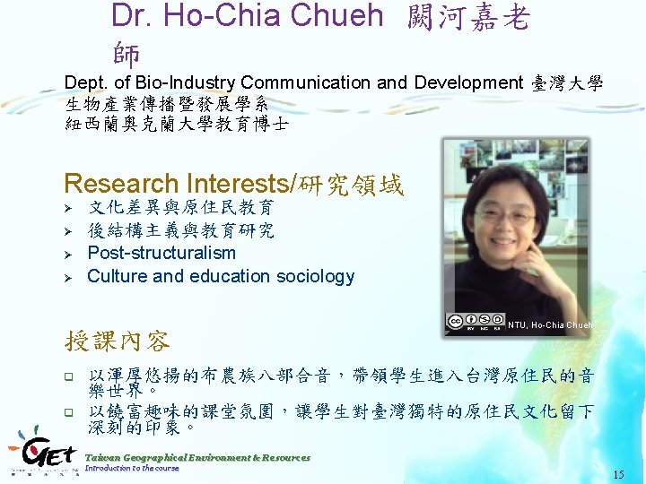 Dr. Ho-Chia Chueh 闕河嘉老 師 Dept. of Bio-Industry Communication and Development 臺灣大學 生物產業傳播暨發展學系 紐西蘭奧克蘭大學教育博士