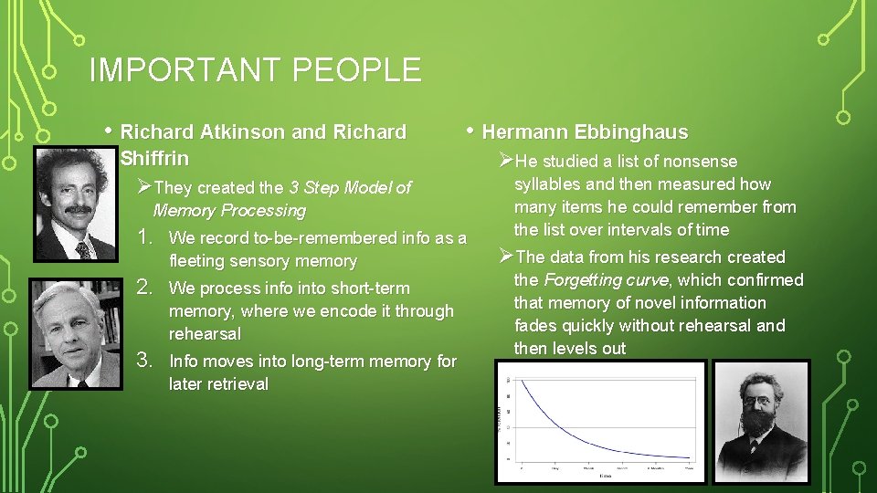 IMPORTANT PEOPLE • Richard Atkinson and Richard • Hermann Ebbinghaus Shiffrin ØThey created the