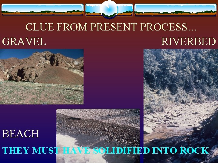 CLUE FROM PRESENT PROCESS… GRAVEL RIVERBED BEACH THEY MUST HAVE SOLIDIFIED INTO ROCK 