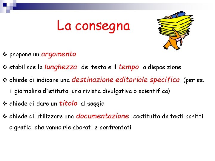 La consegna v propone un argomento v stabilisce la lunghezza del testo e il