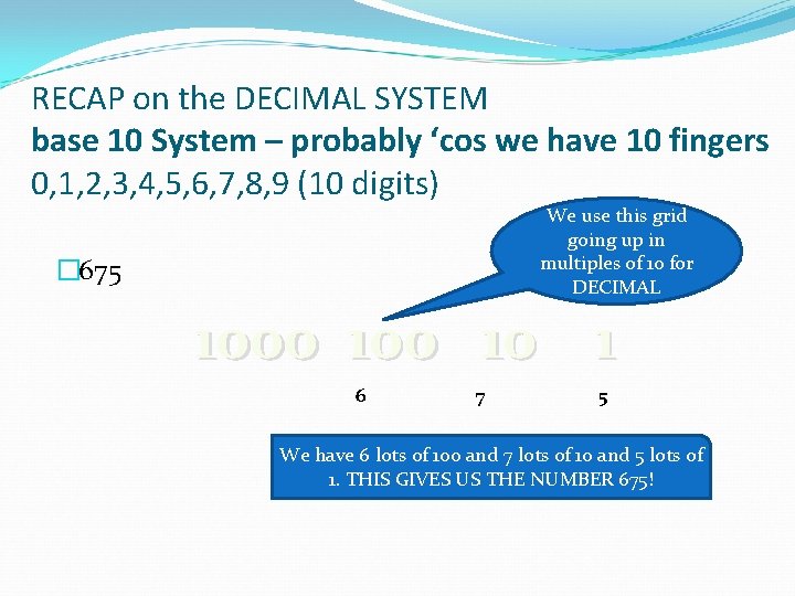 RECAP on the DECIMAL SYSTEM base 10 System – probably ‘cos we have 10