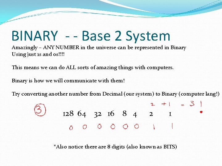 BINARY - - Base 2 System Amazingly – ANY NUMBER in the universe can