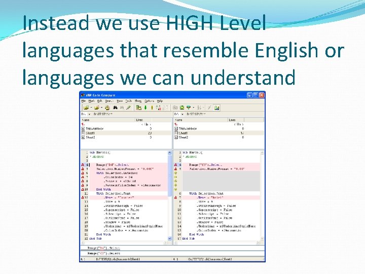 Instead we use HIGH Level languages that resemble English or languages we can understand