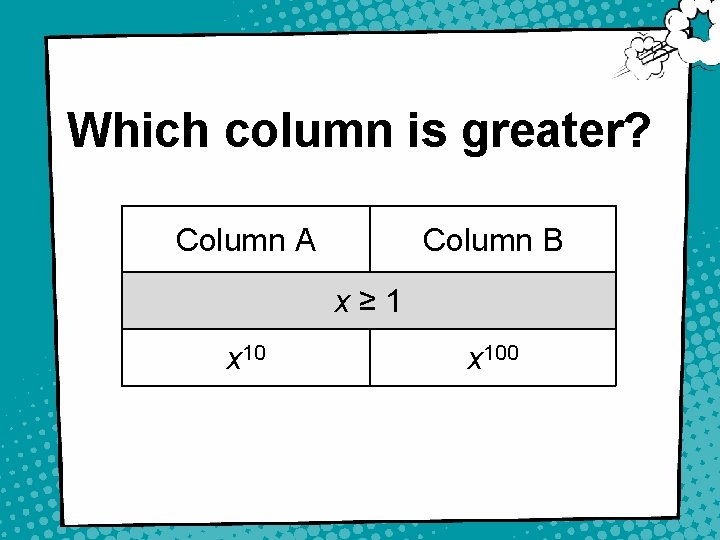 Which column is greater? Column A Column B x≥ 1 x 100 14 