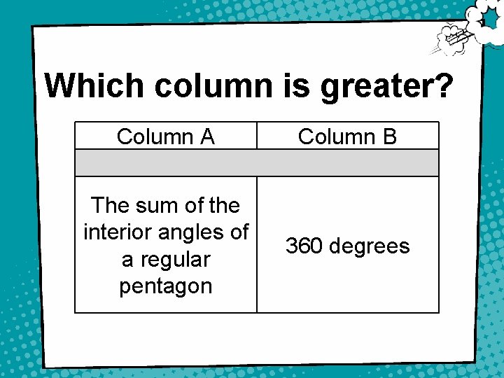 Which column is greater? Column A Column B The sum of the interior angles