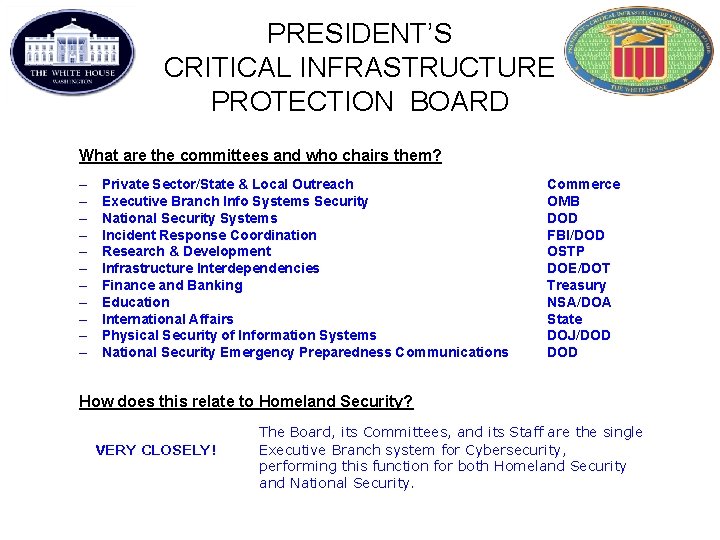 PRESIDENT’S CRITICAL INFRASTRUCTURE PROTECTION BOARD What are the committees and who chairs them? –