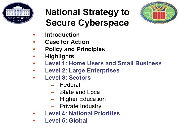 National Strategy to Secure Cyberspace • • • Introduction Case for Action Policy and