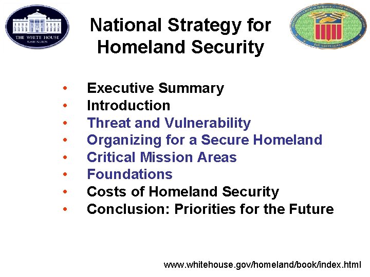 National Strategy for Homeland Security • • Executive Summary Introduction Threat and Vulnerability Organizing