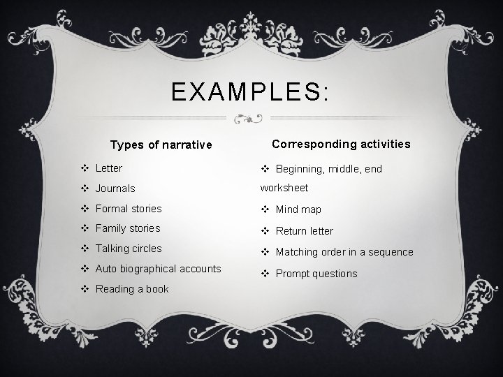 EXAMPLES: Types of narrative Corresponding activities v Letter v Beginning, middle, end v Journals